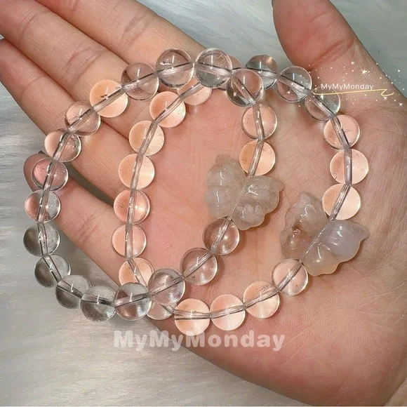 Clear Quartz with Butterfly Cherry Blossom Agate Bracelet 9mm - Picture 1 of 10